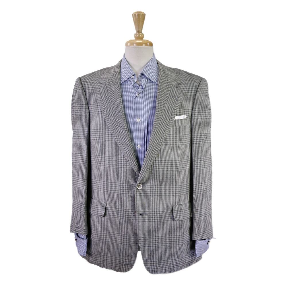 Chester Barrie Green Gray Plaid Seersucker 100% Silk 2-Btn Blazer Jacket 40S